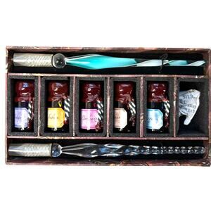 Authentic Models 2 Glass Writing Pens & 4 Inks Missing 1 Ink Palette for Pens
